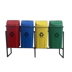 Conjunto lixeira coleta seletiva - kit 4 lixeiras 60L Basculante + suporte